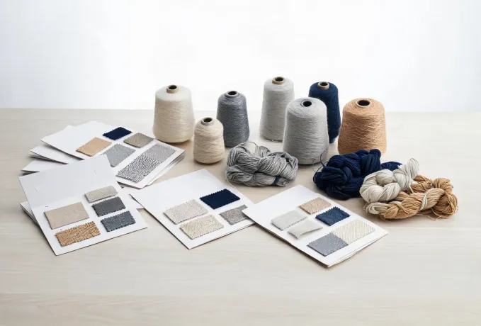 Textile sample cards and yarn packages on a material review table