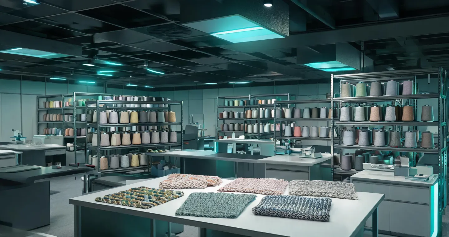 Textile technologist reviewing yarn packages and knitted sample swatches