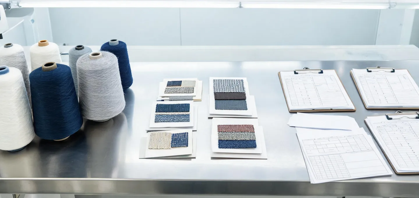 Industrial textile samples with lot records and controlled-environment review notes