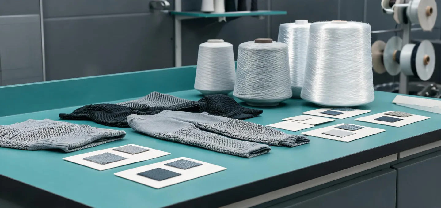 Knitted activewear swatches beside yarn packages and specification cards