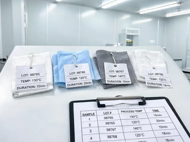 Industrial cleaning textile samples with process notes